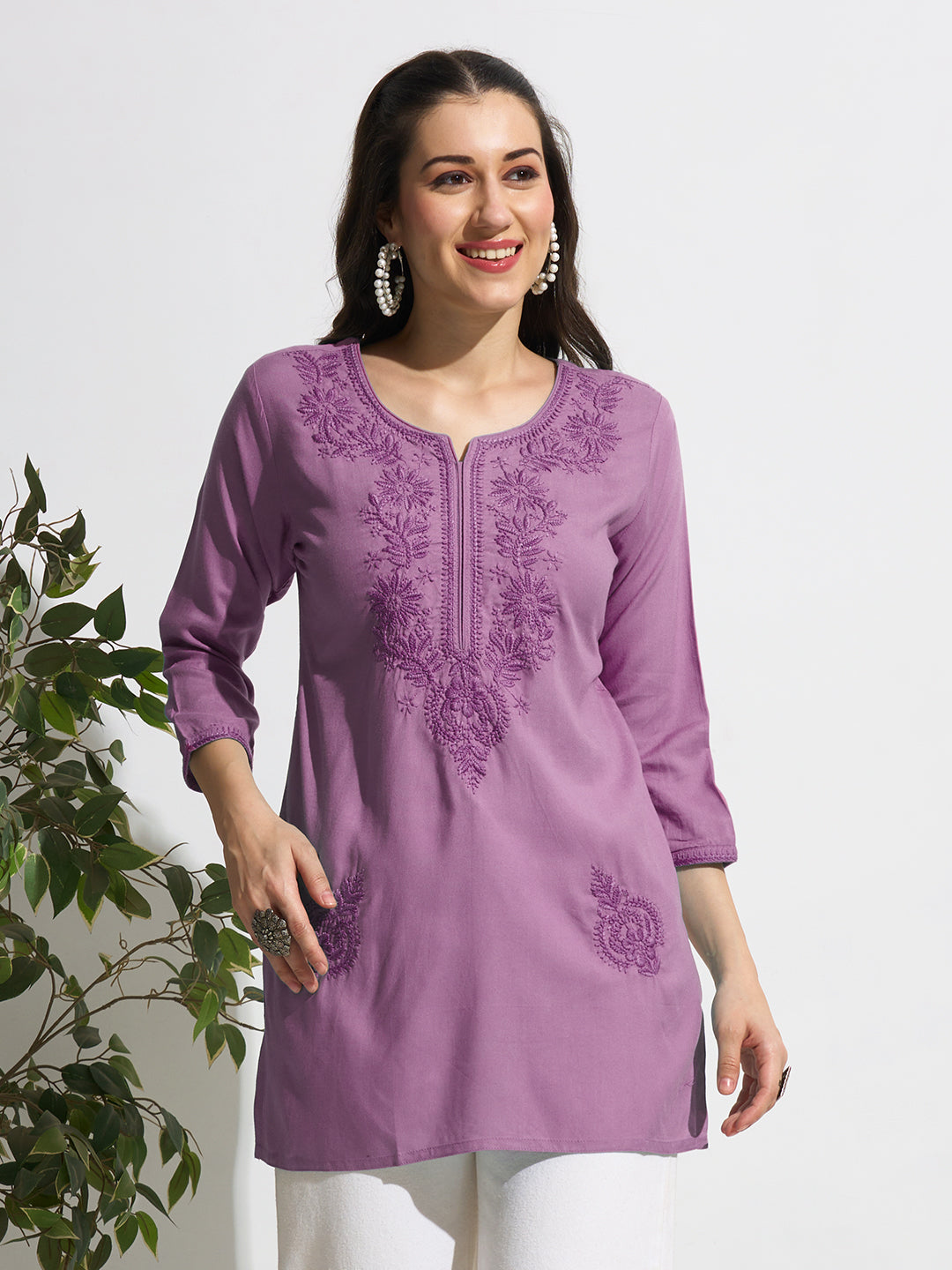 MaxShirts Premium Purple Embroidered Kurti Top for Women | Elegant Casual & Ethnic Wear Tunic