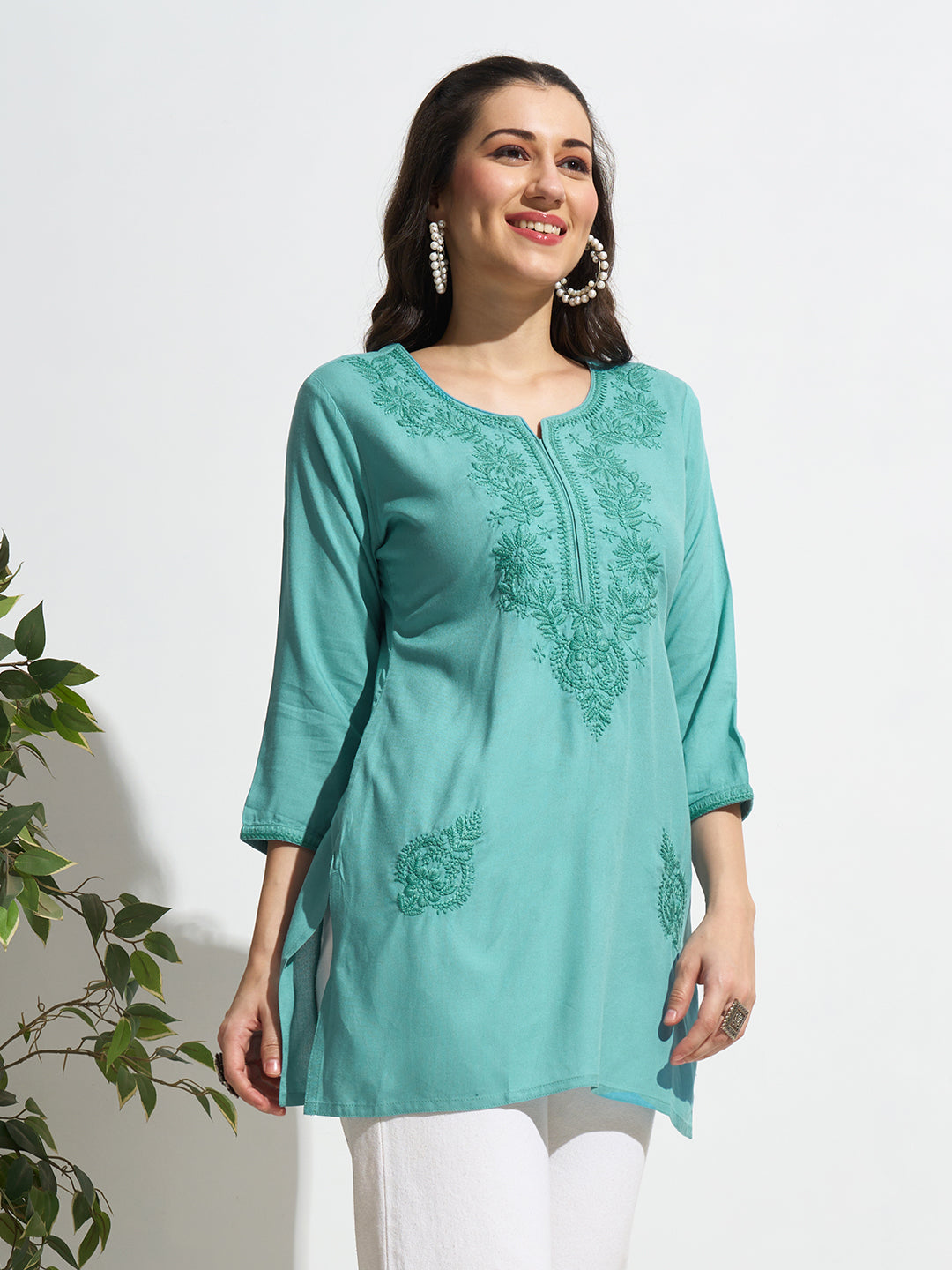 MaxShirts Premium Sea Green Embroidered Kurti Top for Women | Elegant Casual & Ethnic Wear Tunic