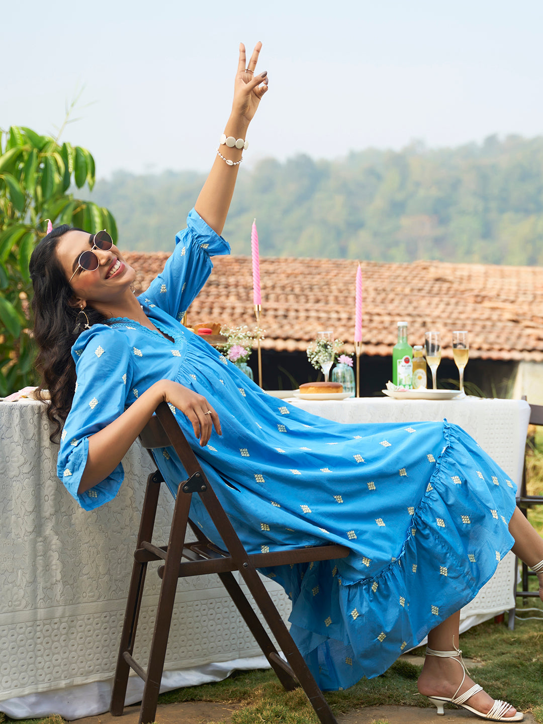Blue Embroidered Tiered Midi Dress for Women – V Neck Casual Summer Cotton Dress - Womenswear