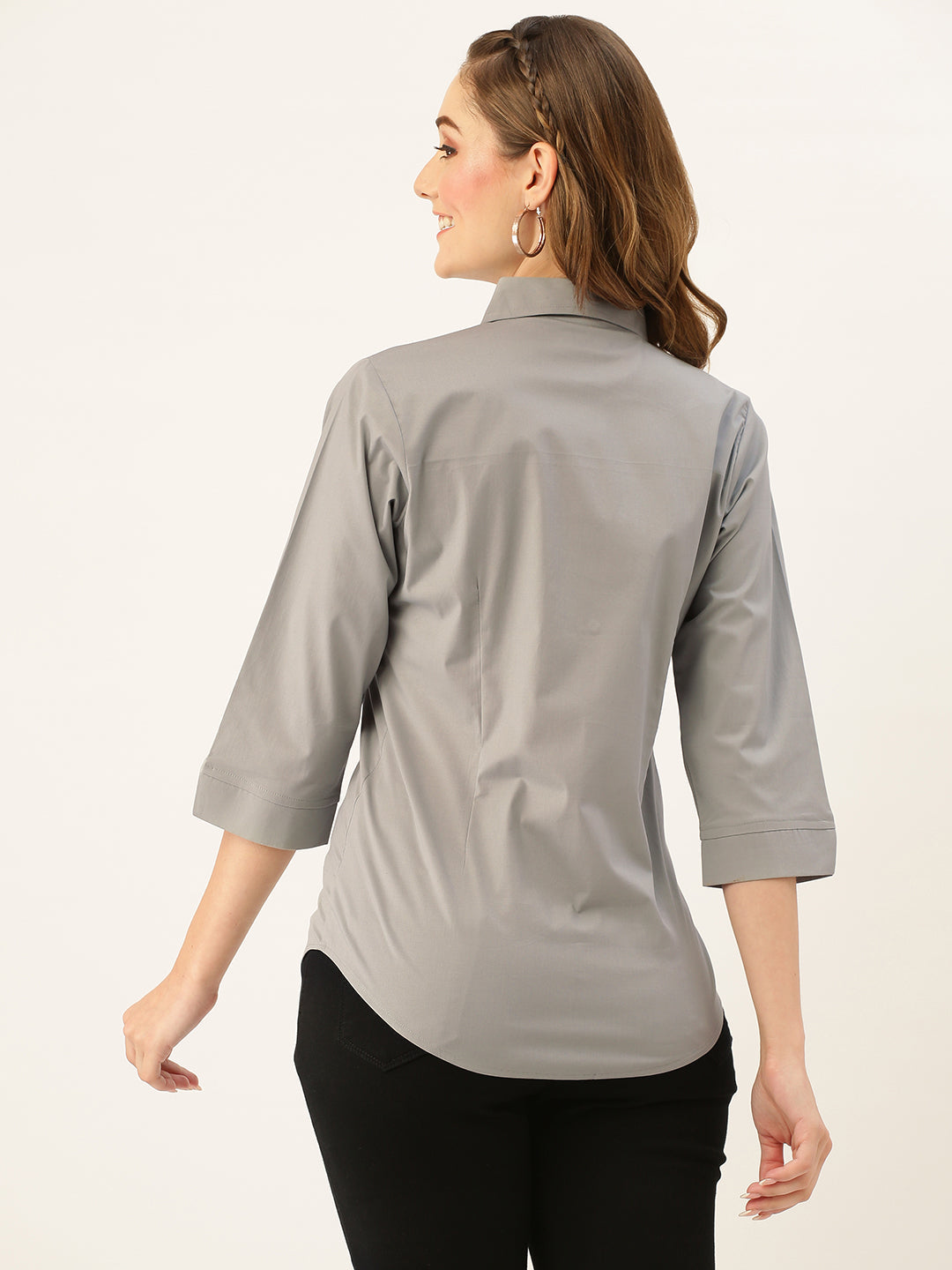 Grey Button Down Shirt for Women – Three Quarter Sleeve Formal Office Casual Top - Womenswear