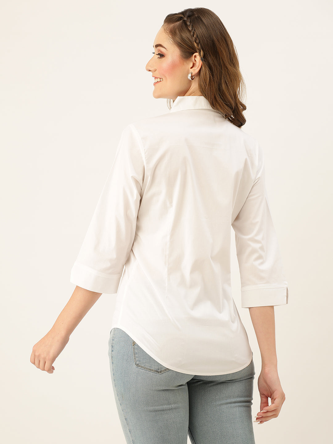 White Button Down Shirt for Women – Three Quarter Sleeve Formal Office Casual Top - Womenswear