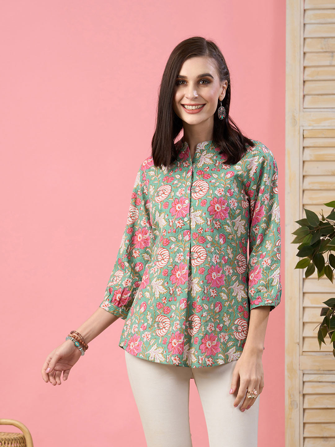 MaxShirts Premium Green Floral Printed Slim Fit Top for Women | Stylish Casual & Office Wear Shirt