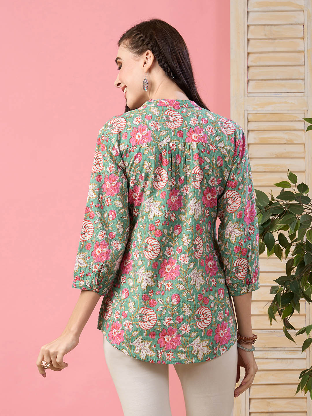 MaxShirts Premium Green Floral Printed Slim Fit Top for Women | Stylish Casual & Office Wear Shirt