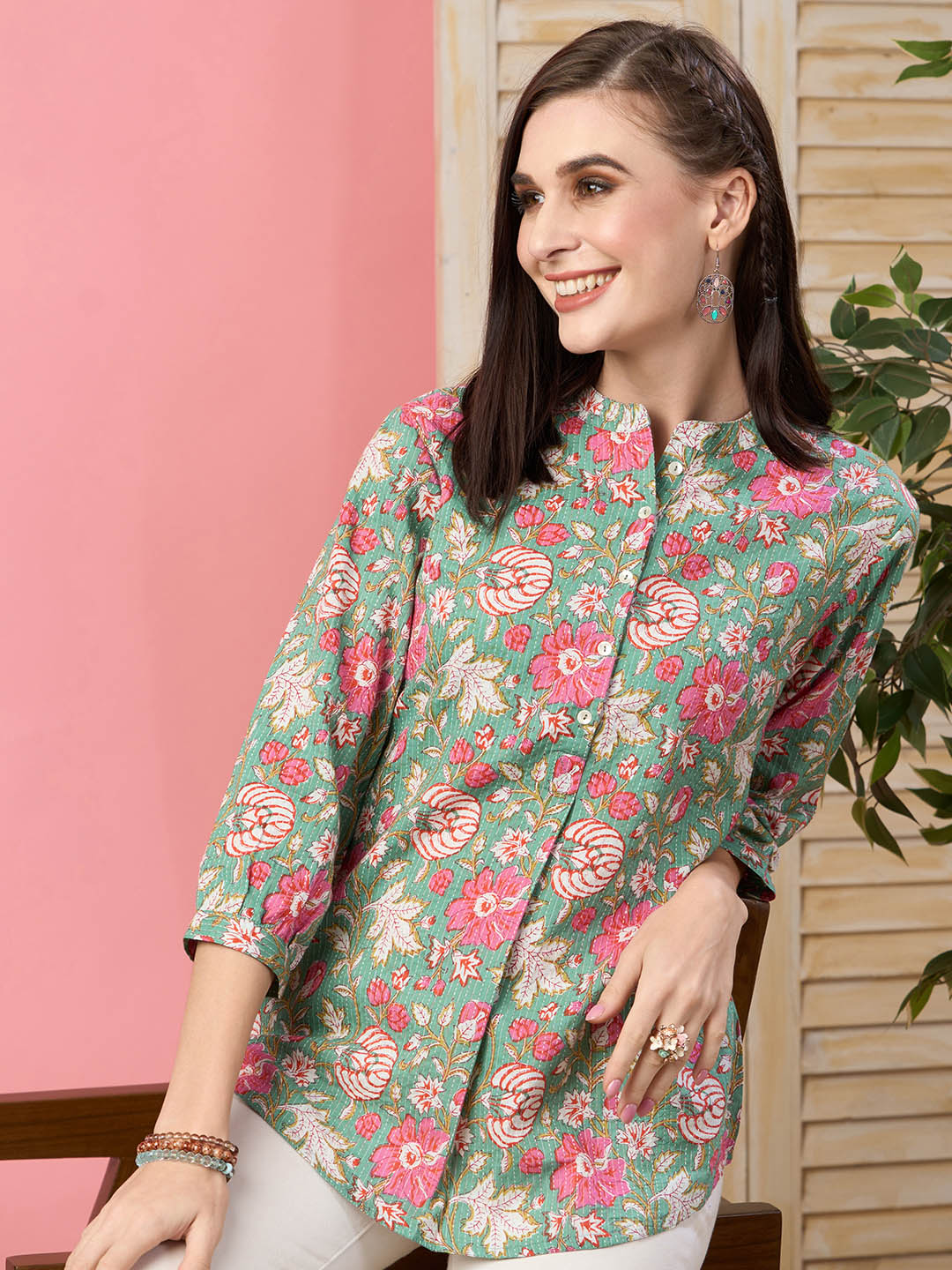 MaxShirts Premium Green Floral Printed Slim Fit Top for Women | Stylish Casual & Office Wear Shirt