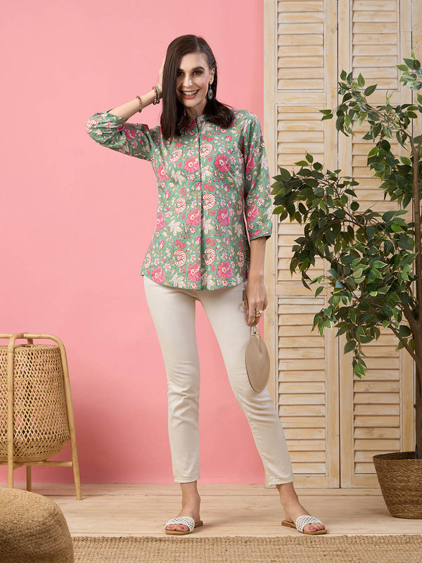 MaxShirts Premium Green Floral Printed Slim Fit Top for Women | Stylish Casual & Office Wear Shirt
