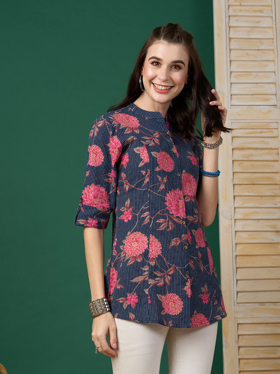 MaxShirts Premium Navy Blue Floral Printed Slim Fit Top for Women | Stylish Casual & Office Wear Shirt