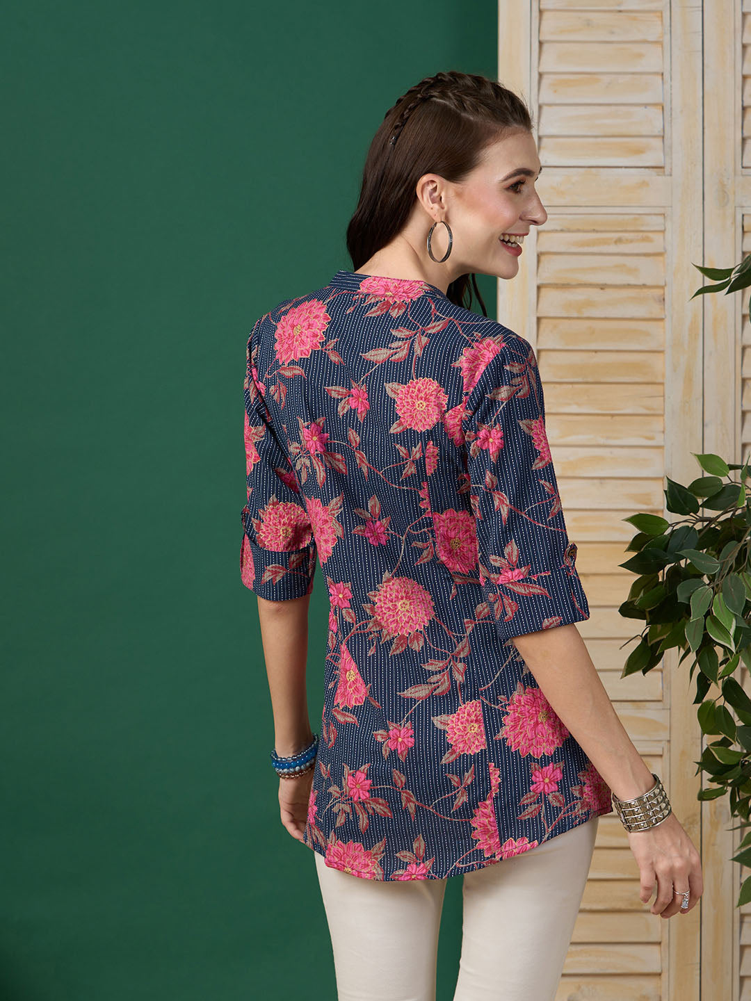 MaxShirts Premium Navy Blue Floral Printed Slim Fit Top for Women | Stylish Casual & Office Wear Shirt