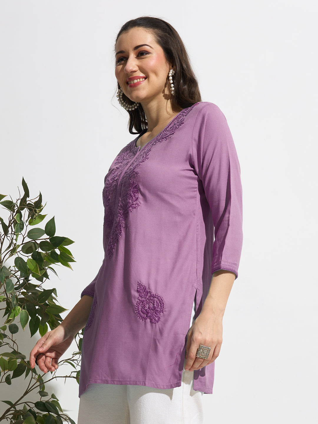 MaxShirts Premium Purple Embroidered Kurti Top for Women | Elegant Casual & Ethnic Wear Tunic