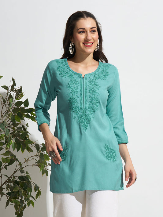 MaxShirts Premium Sea Green Embroidered Kurti Top for Women | Elegant Casual & Ethnic Wear Tunic