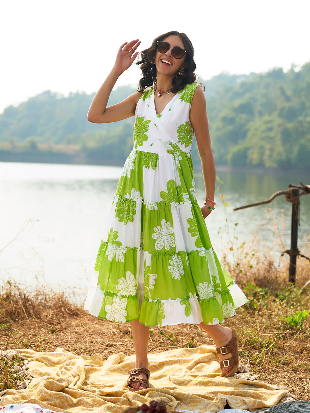 Green Floral Tiered Midi Summer Dress for Women – Sleeveless V Neck Casual Vacation Dress - Womenswear