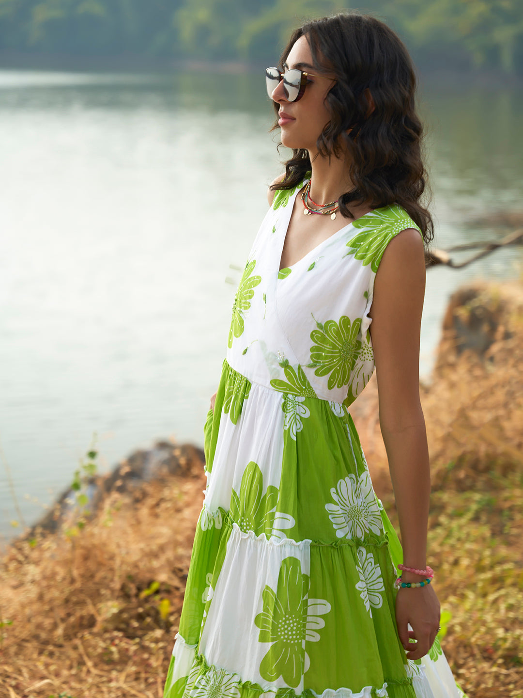 Green Floral Tiered Midi Summer Dress for Women – Sleeveless V Neck Casual Vacation Dress - Womenswear