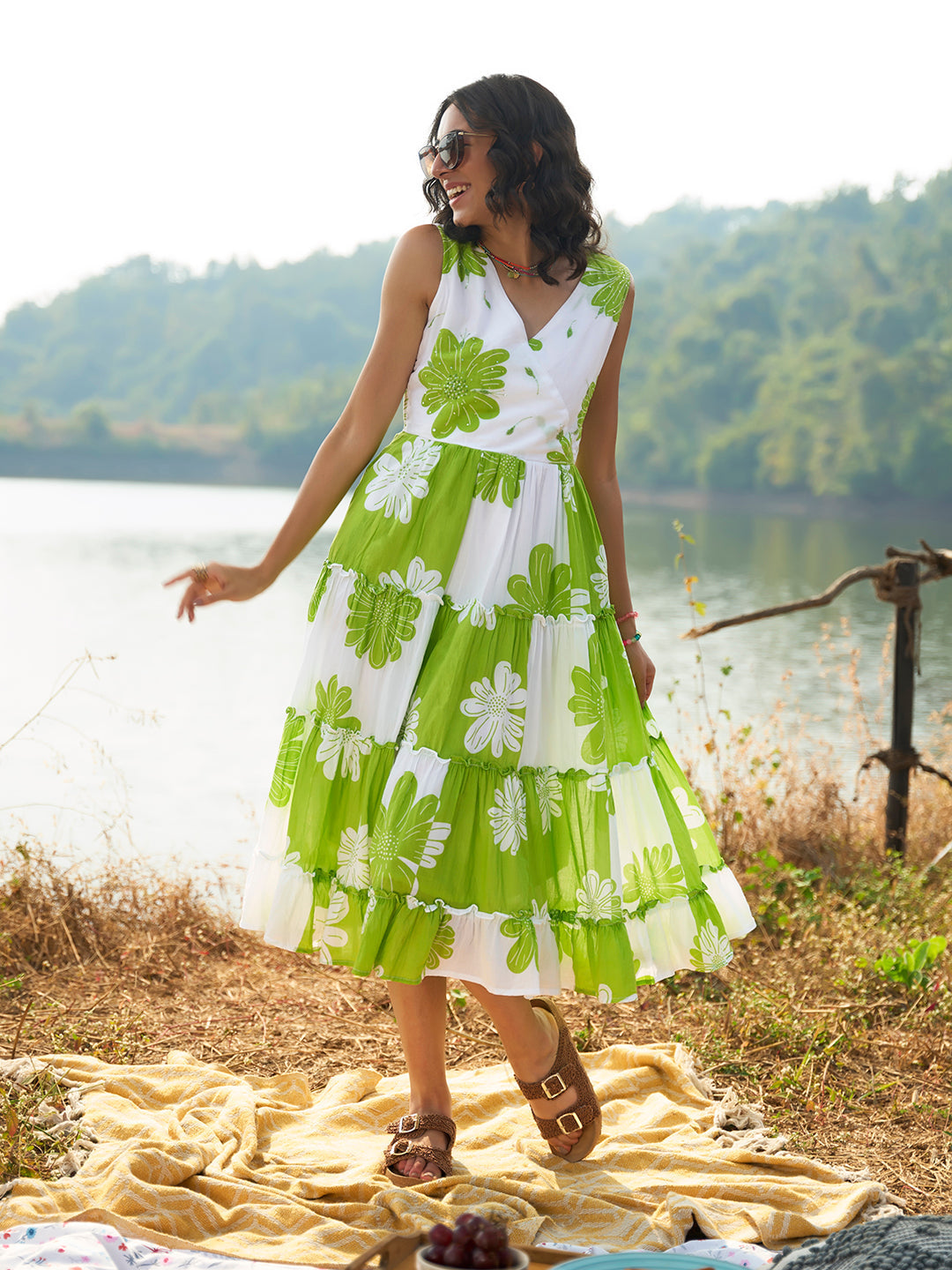 Green Floral Tiered Midi Summer Dress for Women – Sleeveless V Neck Casual Vacation Dress - Womenswear