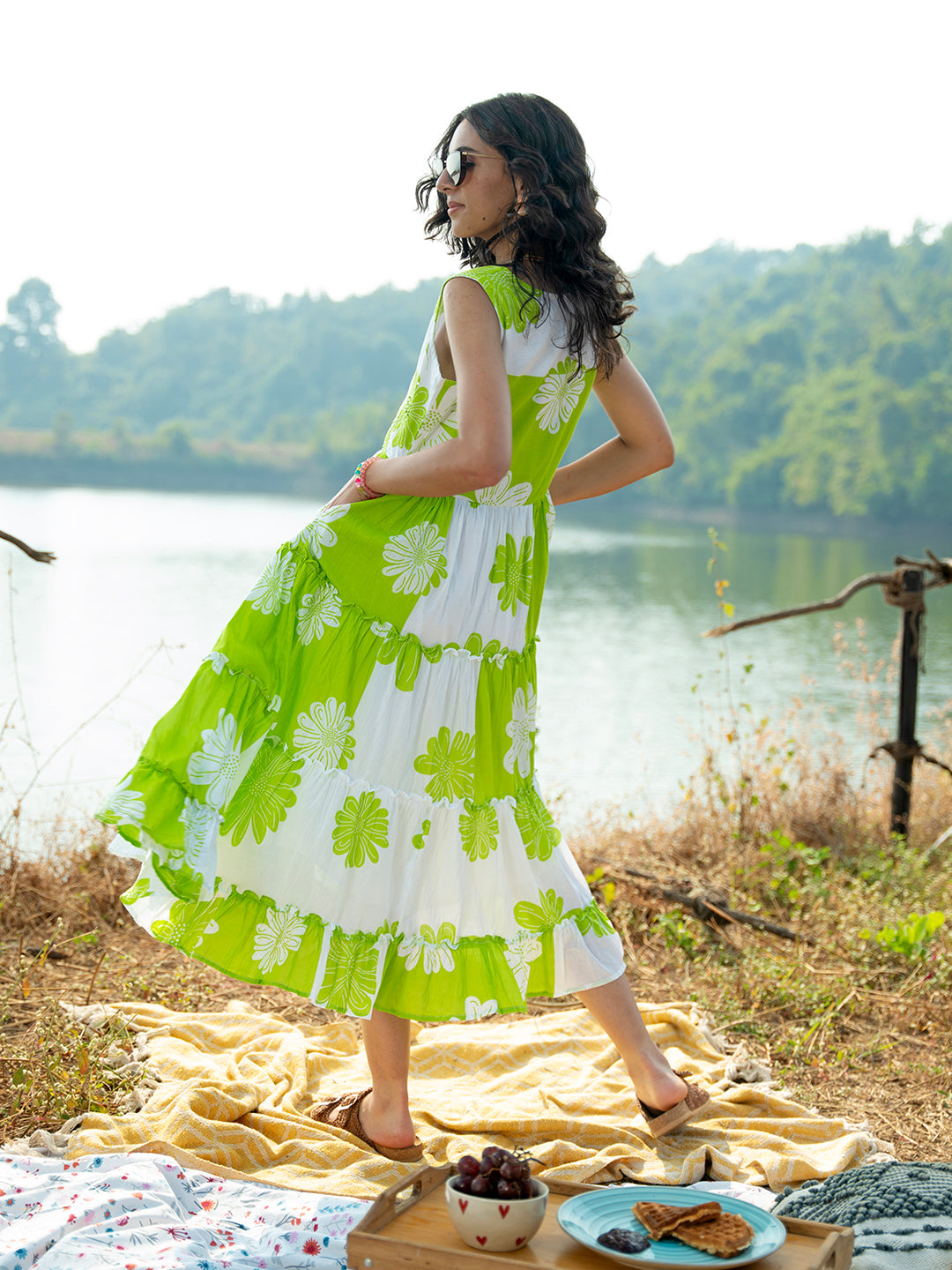 Green Floral Tiered Midi Summer Dress for Women – Sleeveless V Neck Casual Vacation Dress - Womenswear