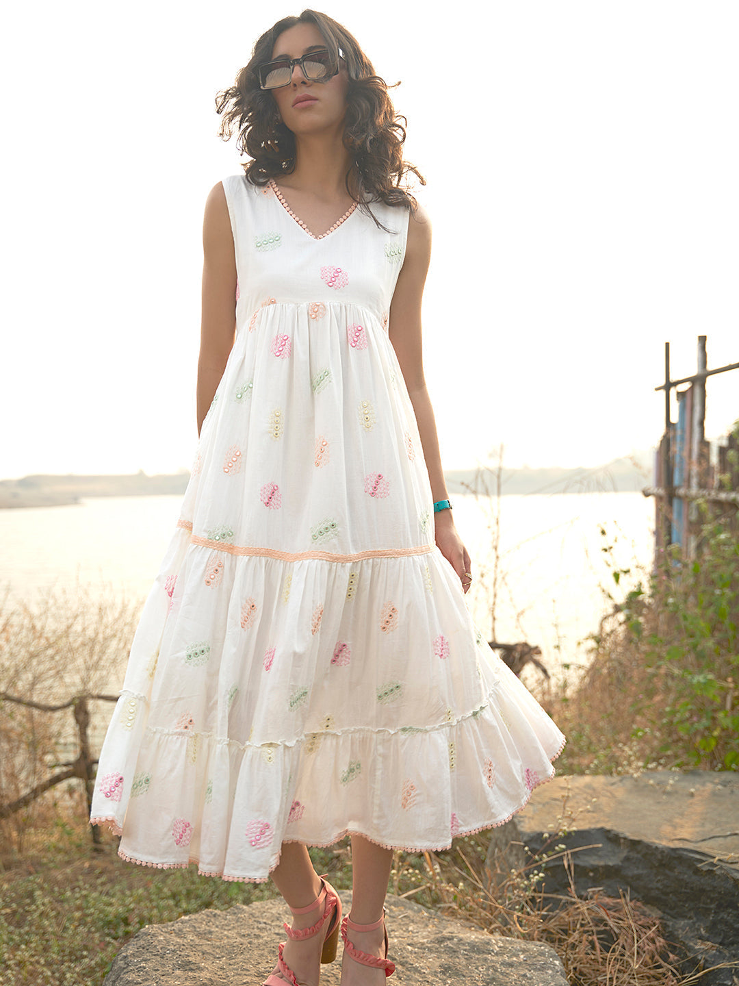 White Embroidered Tiered Midi Summer Dress for Women – Sleeveless V Neck Casual Vacation Dress - Womenswear