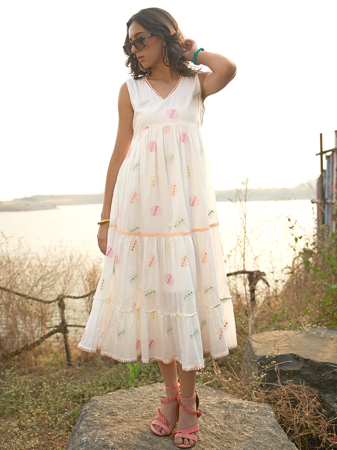 White Embroidered Tiered Midi Summer Dress for Women – Sleeveless V Neck Casual Vacation Dress - Womenswear