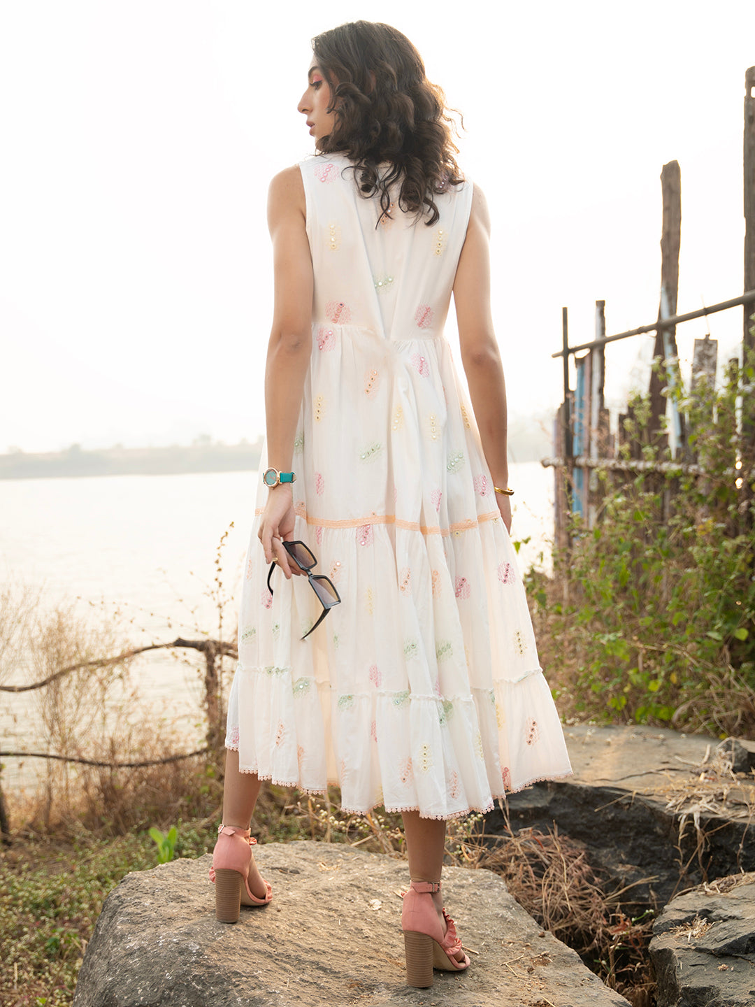 White Embroidered Tiered Midi Summer Dress for Women – Sleeveless V Neck Casual Vacation Dress - Womenswear