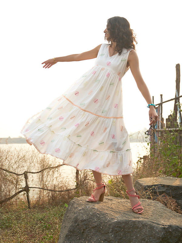 White Embroidered Tiered Midi Summer Dress for Women – Sleeveless V Neck Casual Vacation Dress - Womenswear