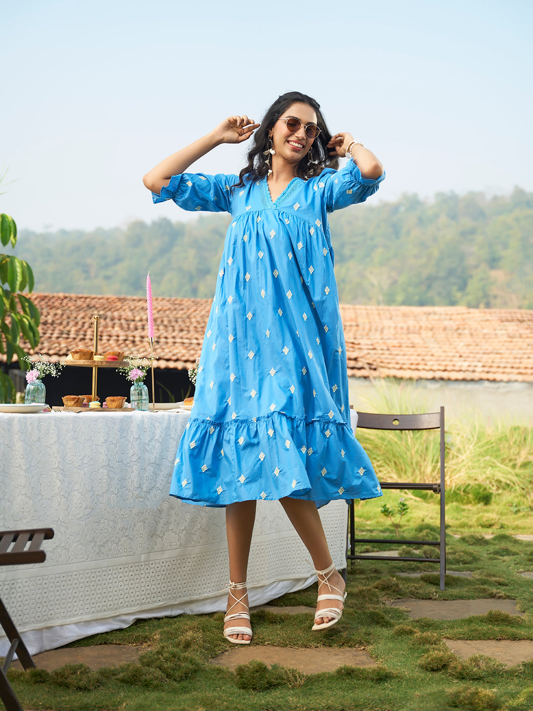 Blue Embroidered Tiered Midi Dress for Women – V Neck Casual Summer Cotton Dress - Womenswear