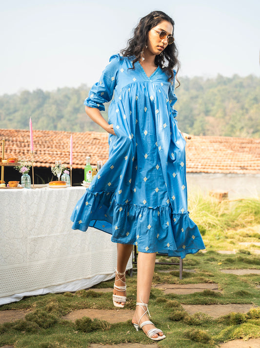 Blue Embroidered Tiered Midi Dress for Women – V Neck Casual Summer Cotton Dress - Womenswear