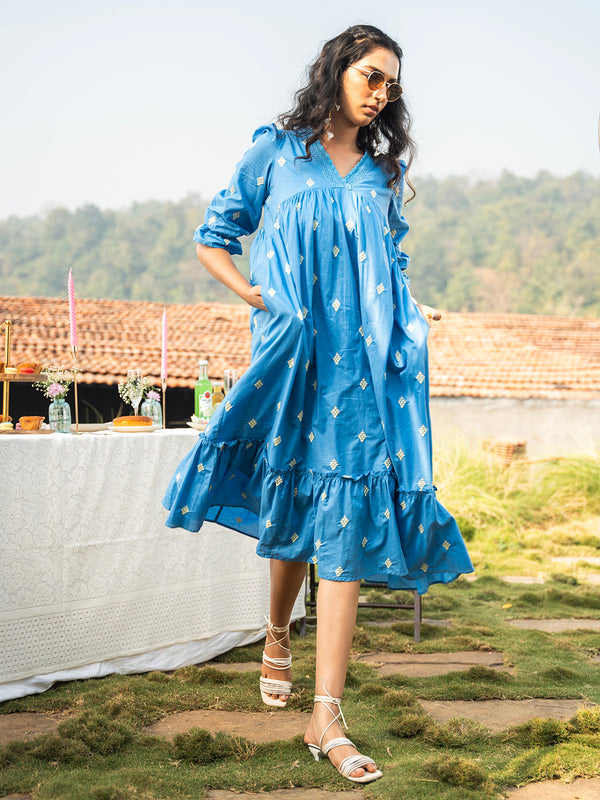 Blue Embroidered Tiered Midi Dress for Women – V Neck Casual Summer Cotton Dress - Womenswear
