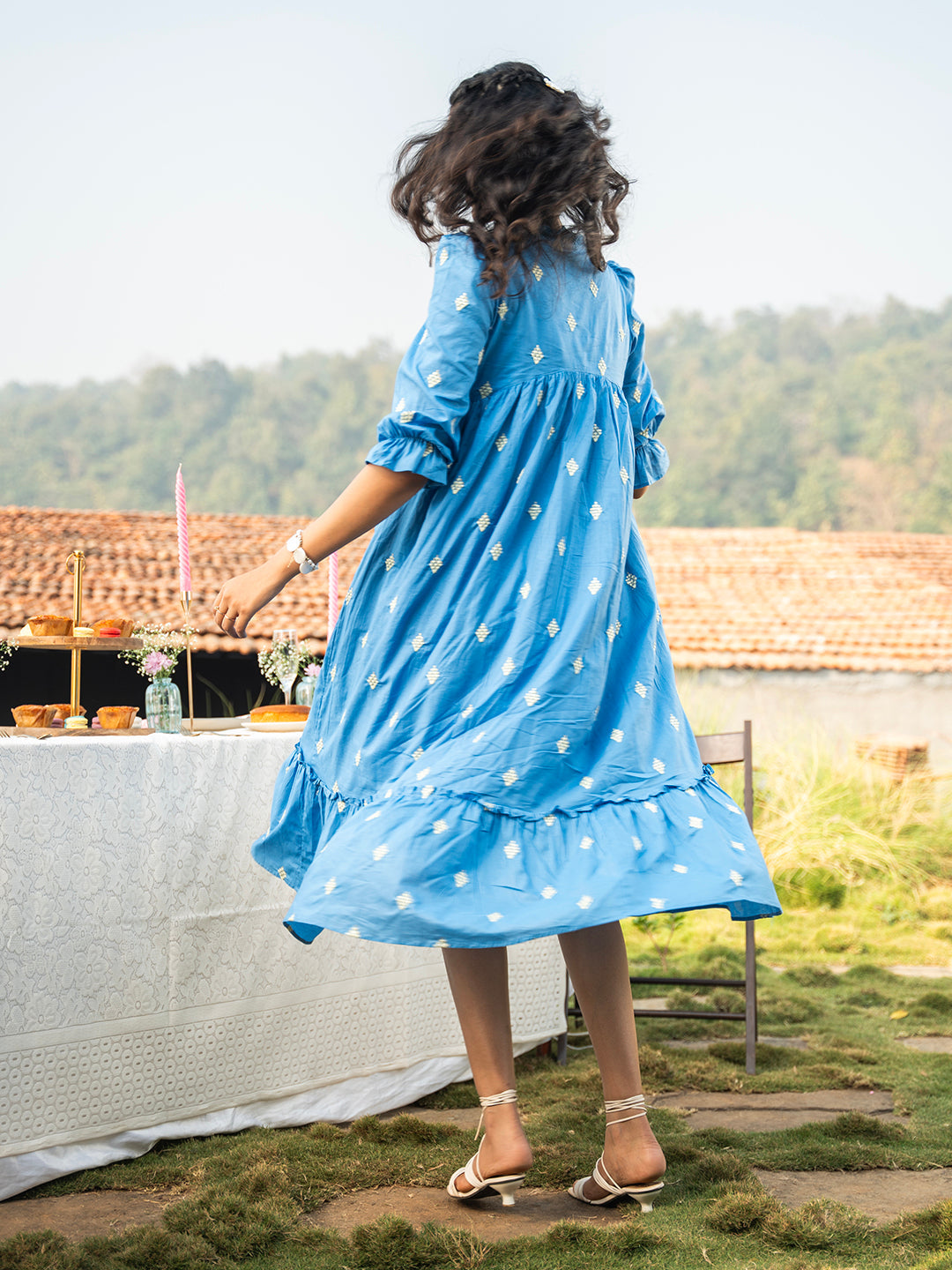 Blue Embroidered Tiered Midi Dress for Women – V Neck Casual Summer Cotton Dress - Womenswear
