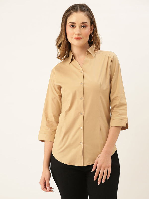 Beige Button Down Shirt for Women – Three Quarter Sleeve Formal Casual Office Top - Womenswear