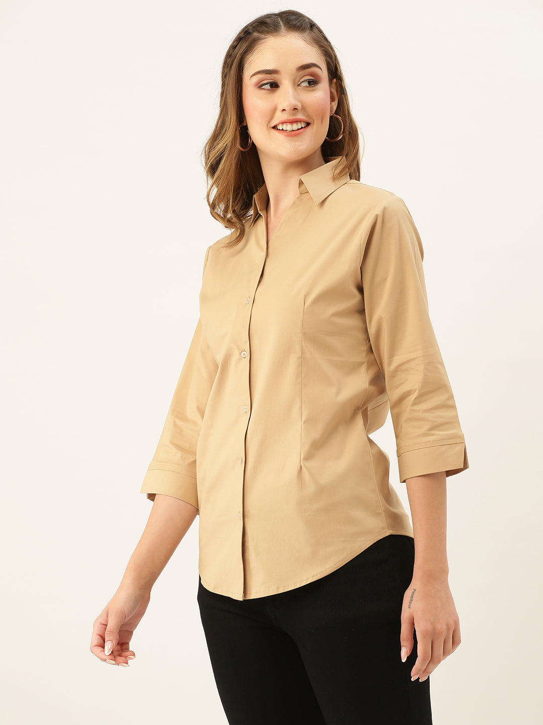 Beige Button Down Shirt for Women – Three Quarter Sleeve Formal Casual Office Top - Womenswear
