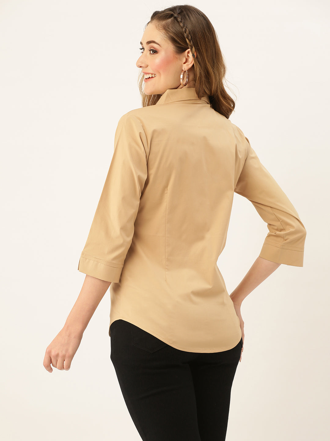 Beige Button Down Shirt for Women – Three Quarter Sleeve Formal Casual Office Top - Womenswear