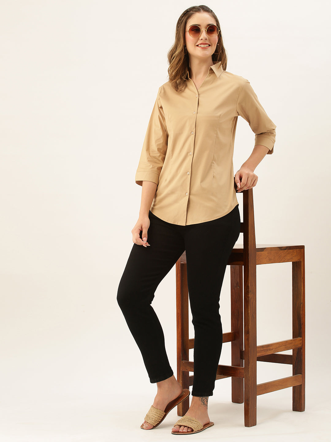 Beige Button Down Shirt for Women – Three Quarter Sleeve Formal Casual Office Top - Womenswear