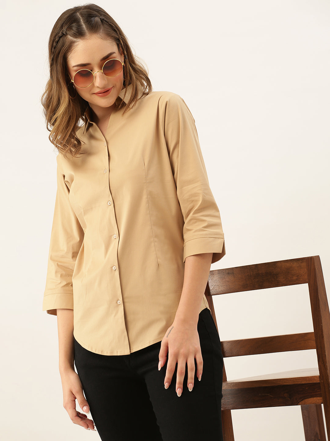 Beige Button Down Shirt for Women – Three Quarter Sleeve Formal Casual Office Top - Womenswear