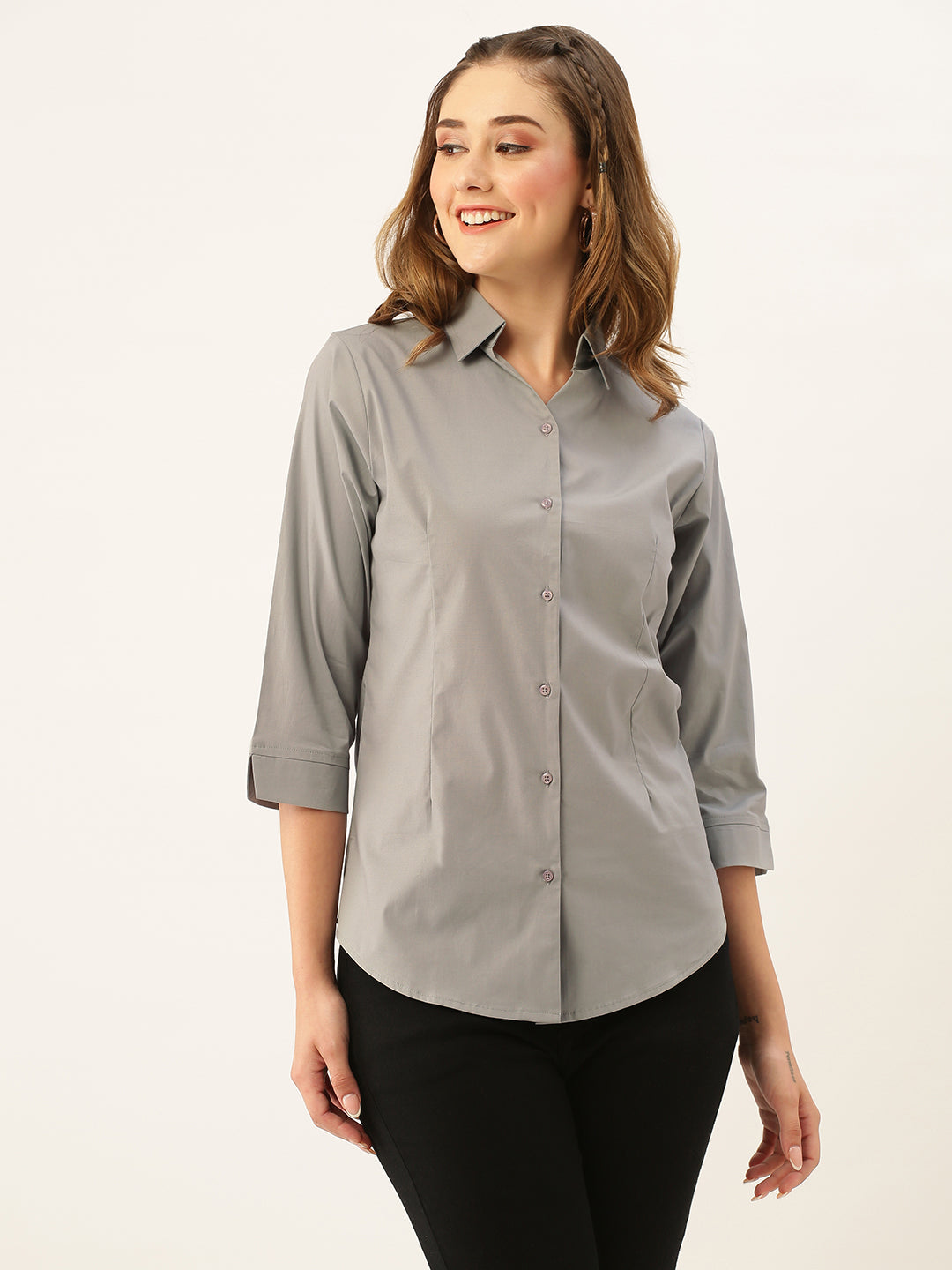 Grey Button Down Shirt for Women – Three Quarter Sleeve Formal Office Casual Top - Womenswear