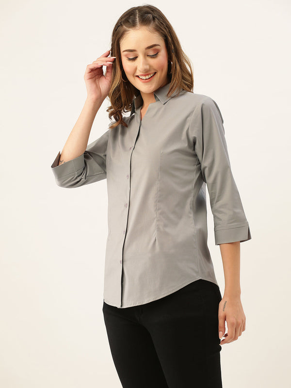 Grey Button Down Shirt for Women – Three Quarter Sleeve Formal Office Casual Top - Womenswear