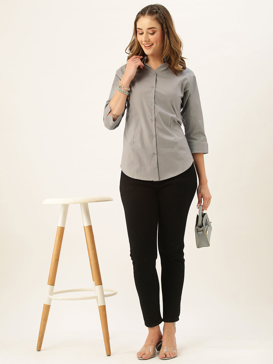 Grey Button Down Shirt for Women – Three Quarter Sleeve Formal Office Casual Top - Womenswear