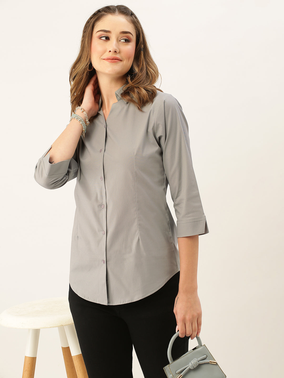Grey Button Down Shirt for Women – Three Quarter Sleeve Formal Office Casual Top - Womenswear