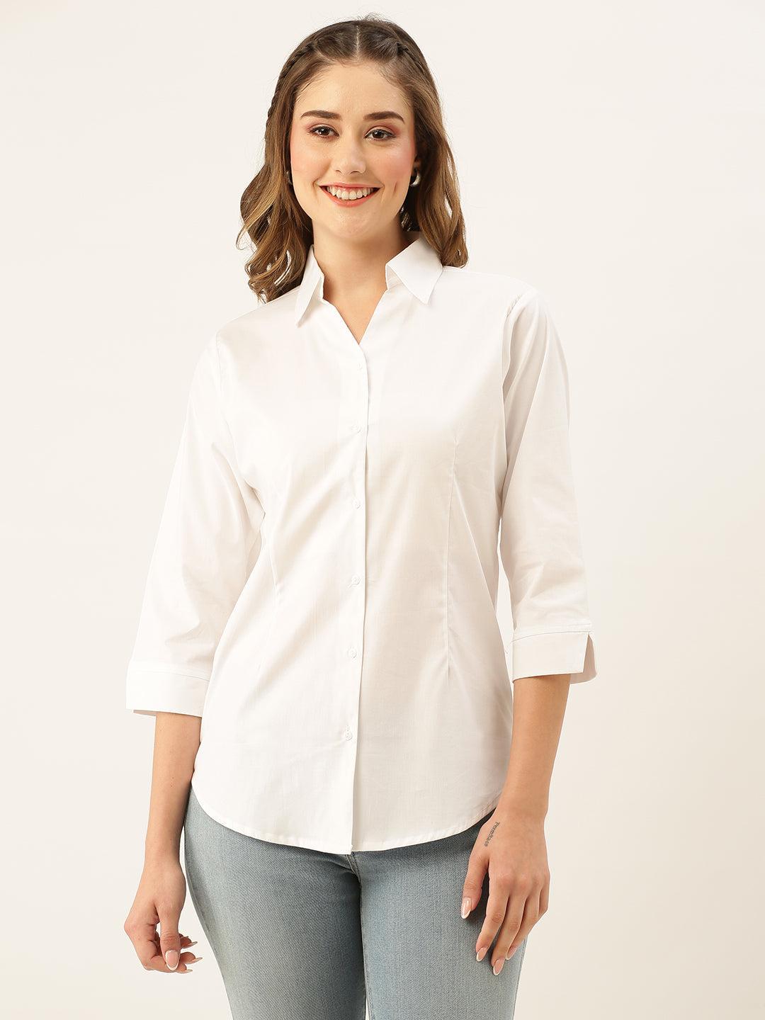 White Button Down Shirt for Women – Three Quarter Sleeve Formal Office Casual Top - Womenswear