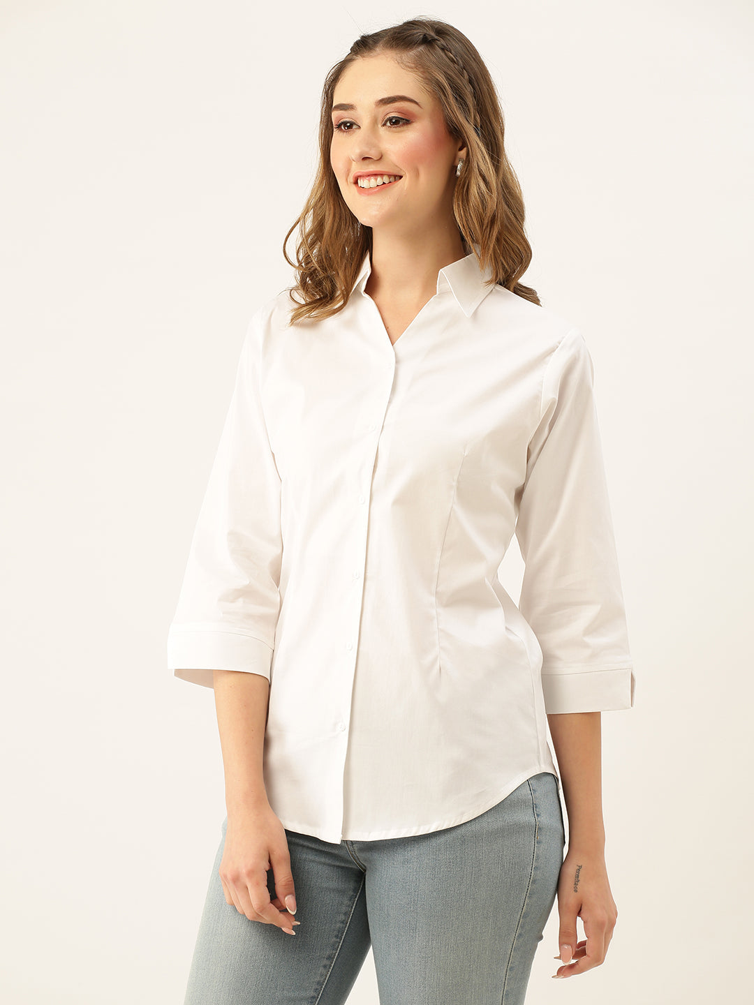White Button Down Shirt for Women – Three Quarter Sleeve Formal Office Casual Top - Womenswear