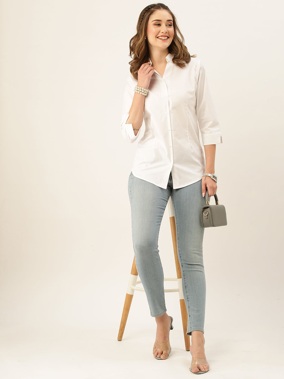 White Button Down Shirt for Women – Three Quarter Sleeve Formal Office Casual Top - Womenswear