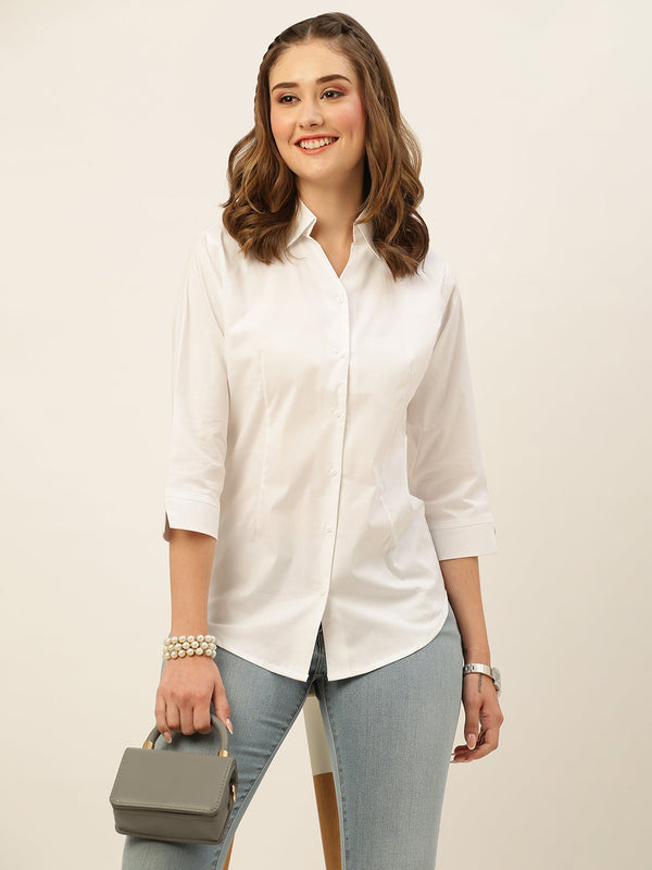 White Button Down Shirt for Women – Three Quarter Sleeve Formal Office Casual Top - Womenswear